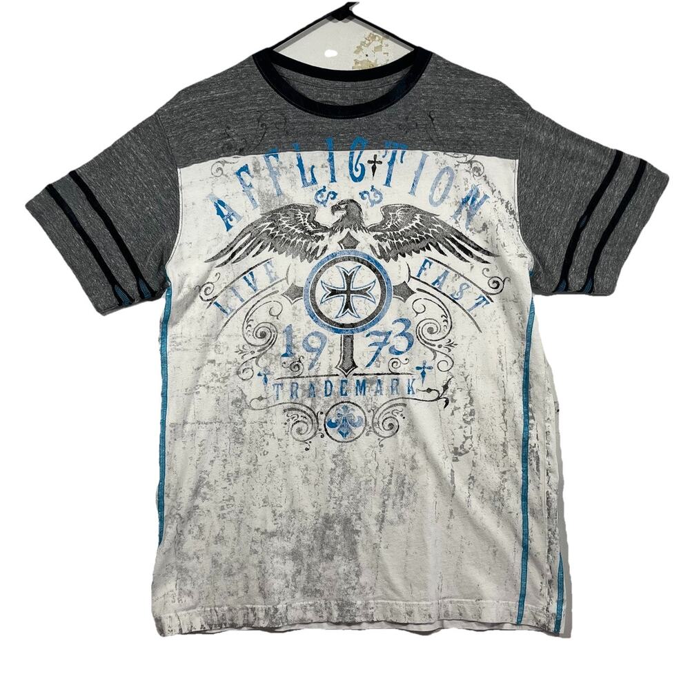 Affliction Live Fast Eagle Cross T Shirt Mens Large Gray White Biker Y2K